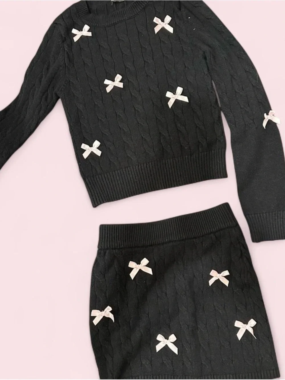 Urban Outfitters Black Cable-Knit Sweater & Skirt Set with Cream Bows
